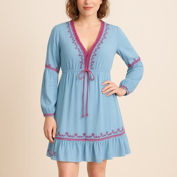 Vintage Size S Boho Hippie Peasant Dress Blue w Embroidery Long Sleeve Festival - Picture 1 of 10